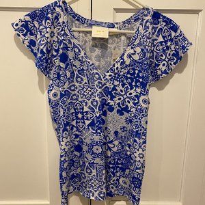 NWT - Maeve By Anthropologie - Blue & White Short Sleeve V Neck Tee - Si…